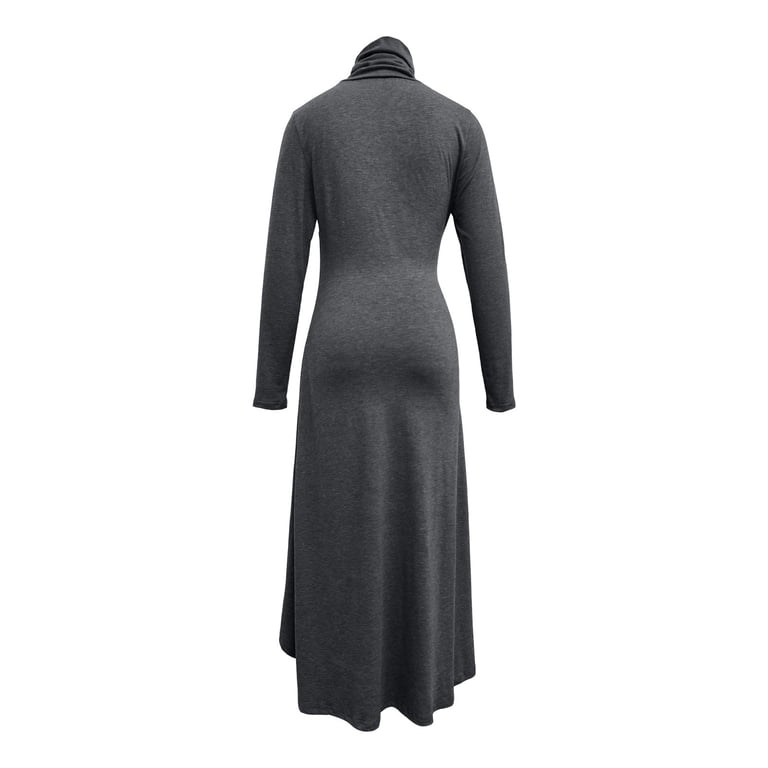 jtjvou Women's Turtleneck Long Sleeve Ruched Asymmetrical High Slit Midi Dress Elegant Glitter Bodycon Dress for Evening Party Gray L