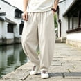 thumbnail image 5 of Mens Big & Tall Harem Pants Casual Elastic Waist Drawstring Baggy Hippie Trousers Cotton Linen Beach Boho Yoga Pants Size M-5XL White-A, 5 of 6