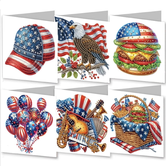 FLOPESN 6Pcs DIY Diamond Art Card Kits,11.8*5.9 in American Independence Day Design, Folding Greeting Thank You Card Set With White Envelope