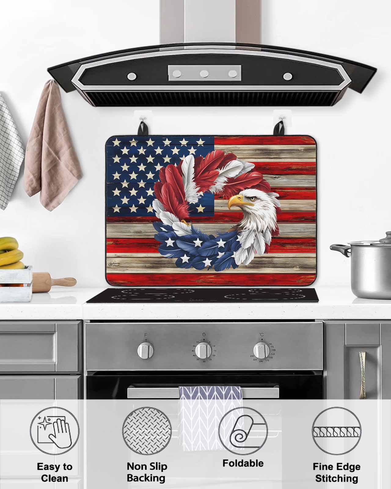 Large Induction Cooktop Protector Mat American Flag Stove Top Covers for Electric Stove, Blue Red USA Flag Eagle Wreath Decorative Stove Burner Cover Mats, Glass Top Stove Cover