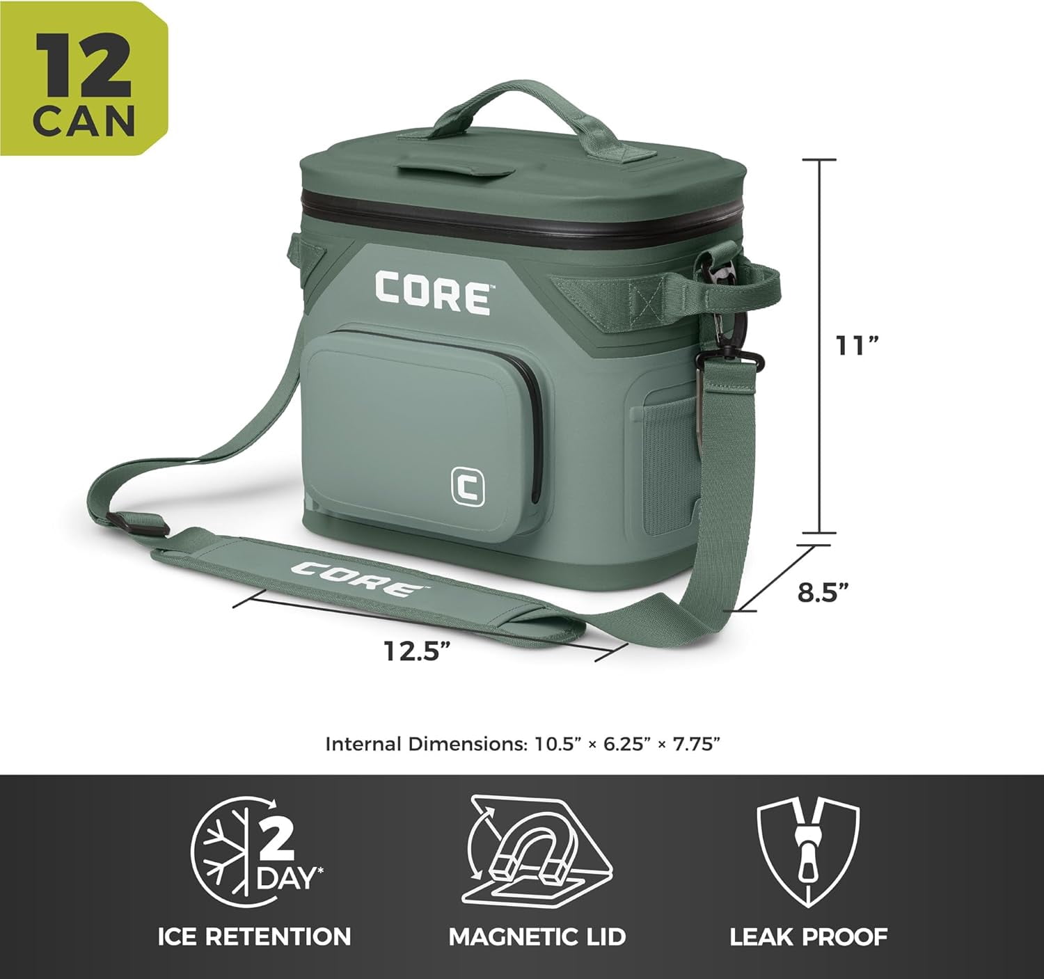 CORE 12 Can Climakeep Magnetic Soft Cooler, Leakproof Cooler, Waterproof Zipper, Sage