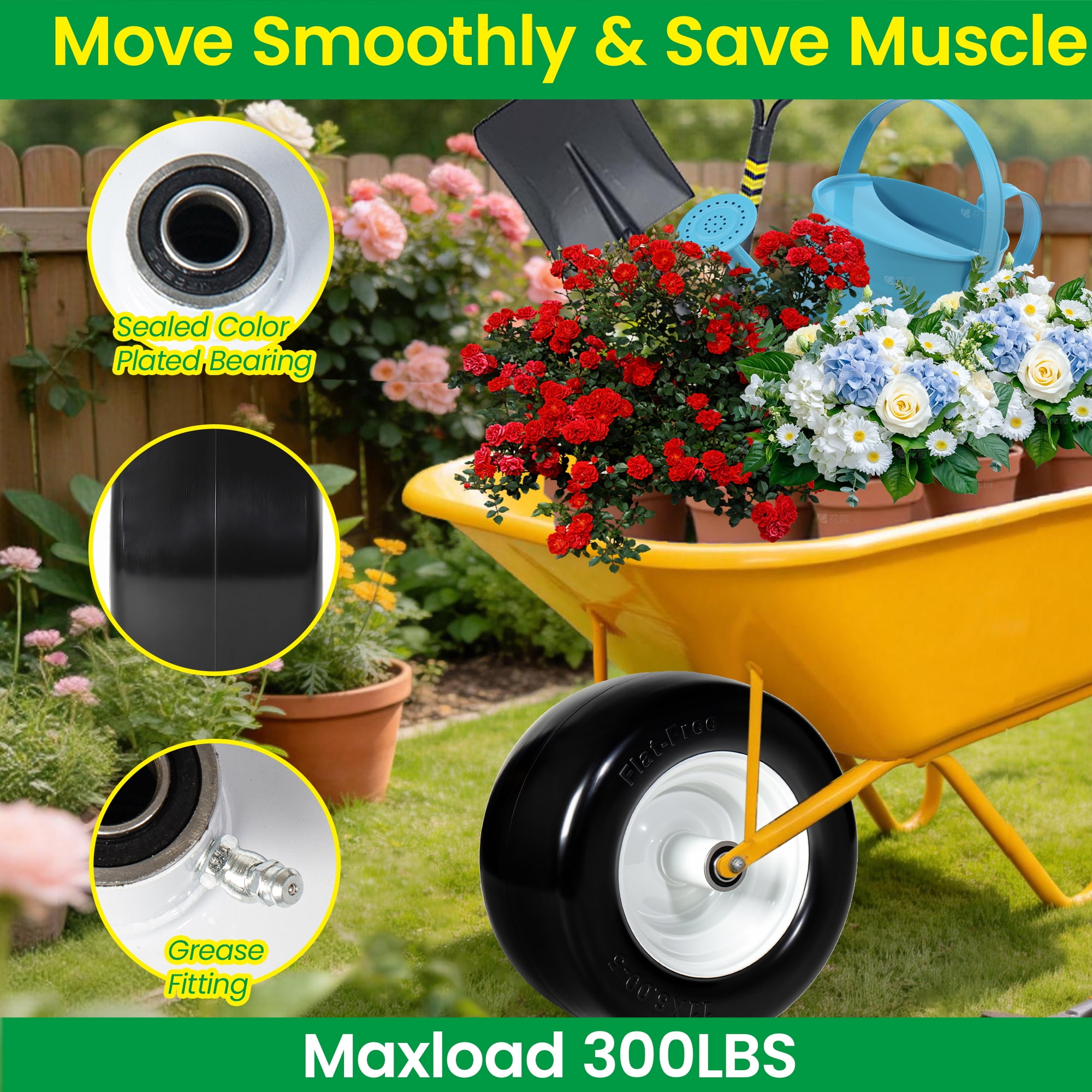 Leumius Set of 2 11x6.00-5 Smooth Tire and Wheel, 11x6-5 Solid Rubbe Riding Lawn Mower Tire with Rim, 3/4" Bearing, 5.8" Centered Hub, Smooth Tread Solid Tire for Zero Turn Mowers