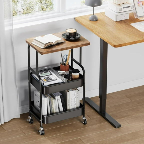 3 Tier Rolling Cart with Wood Table Top, Printer Stand on Wheels, Storage Shelf for Office & Kitchen