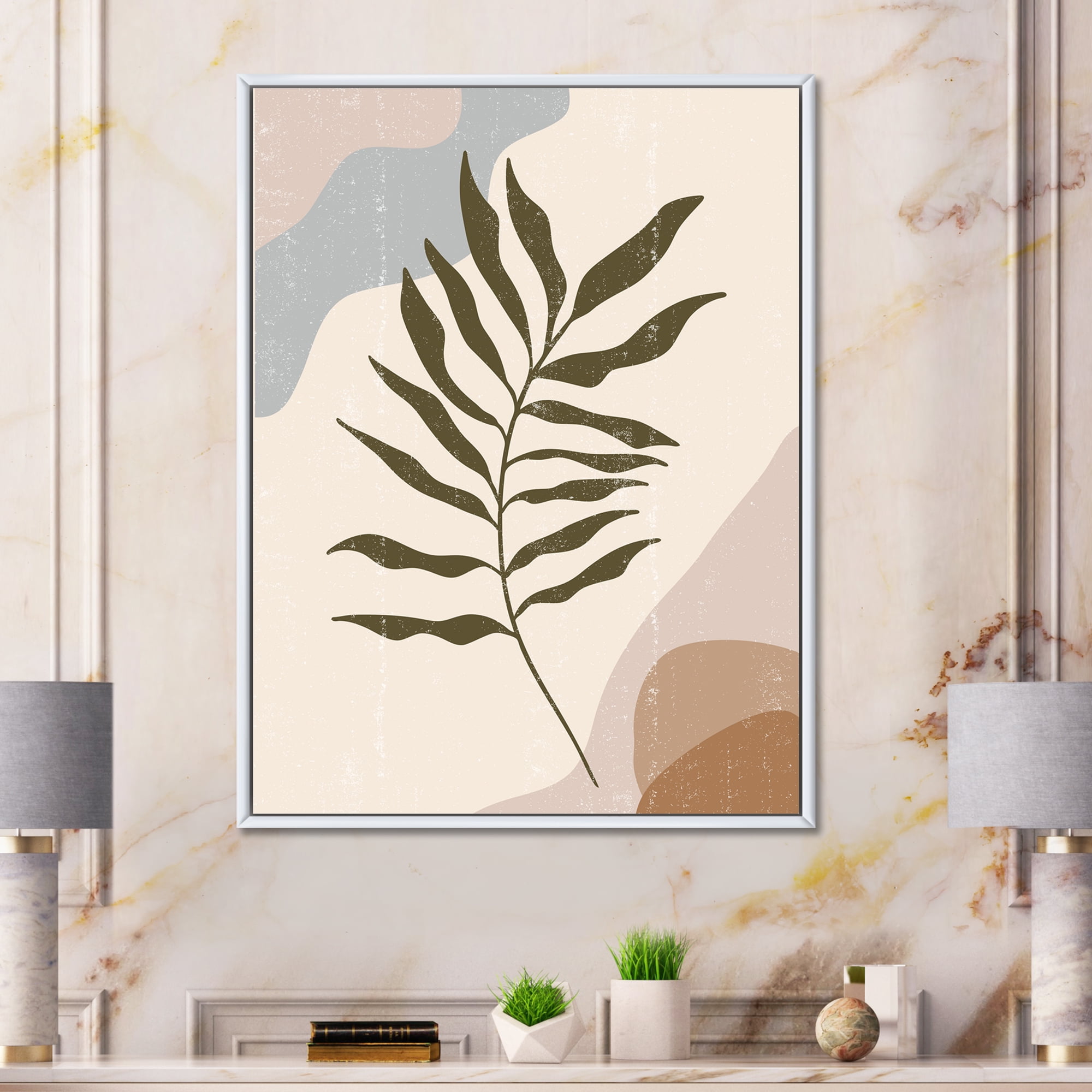 Designart 'Abstract Botanical Minimalist Leaf In Earth Tones I' Modern Framed Canvas Wall Art Print