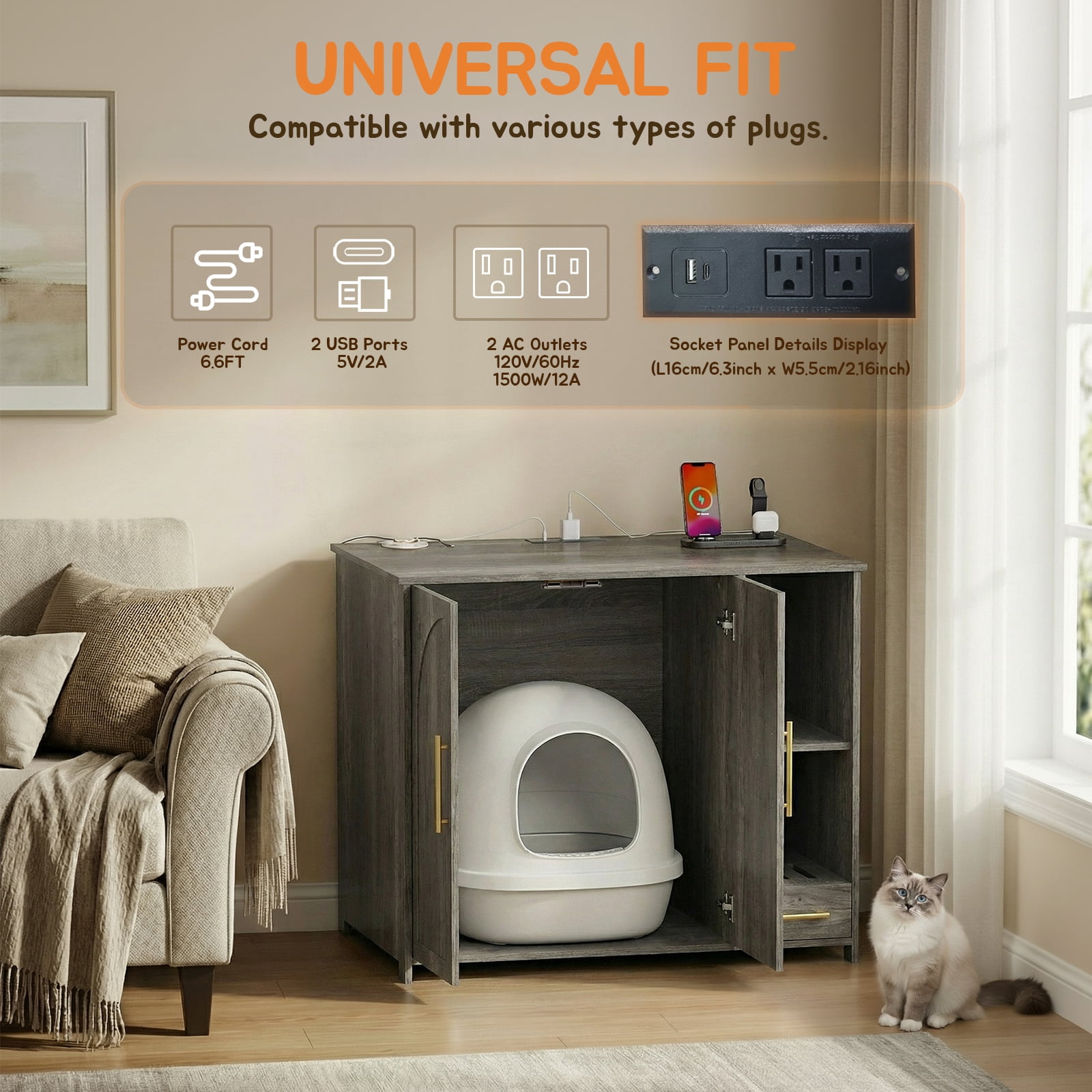 ZephyPaws Hidden Cat Litter Box Enclosure Furniture with Power Strip,Extra Large Interior Compatible with Litter-Robot 3/4 & Self-Cleaning Litter Boxes,Pull-Out Litter Collector,Grey