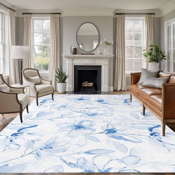Blue Flower Area Rugs 5'x8', Washable Small Throw Rugs for Classroom Bedroom, Watercolor Floral Botanical Line Drawing Print Indoor Outdoor Rug Non-Slip Low Pile Carpet Runner Reversible Floor Mats