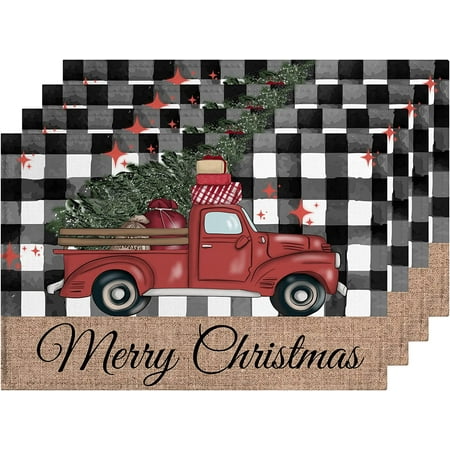 

JOOCAR Christmas Placemats 18x12 Inch Black and White Buffalo Plaid Vintage Red Truck Merry Christmas Tree Christmas Placemats for Home Table Holiday Decoration Rectangular Placemats Set of 4