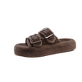 thumbnail image 2 of Womens Fuzzy Slippers Adjustable Buckles Cork Footbed Fluffy Slides Open Toe Indoor/Outdoor Shoes Khaki 8.5, 2 of 5