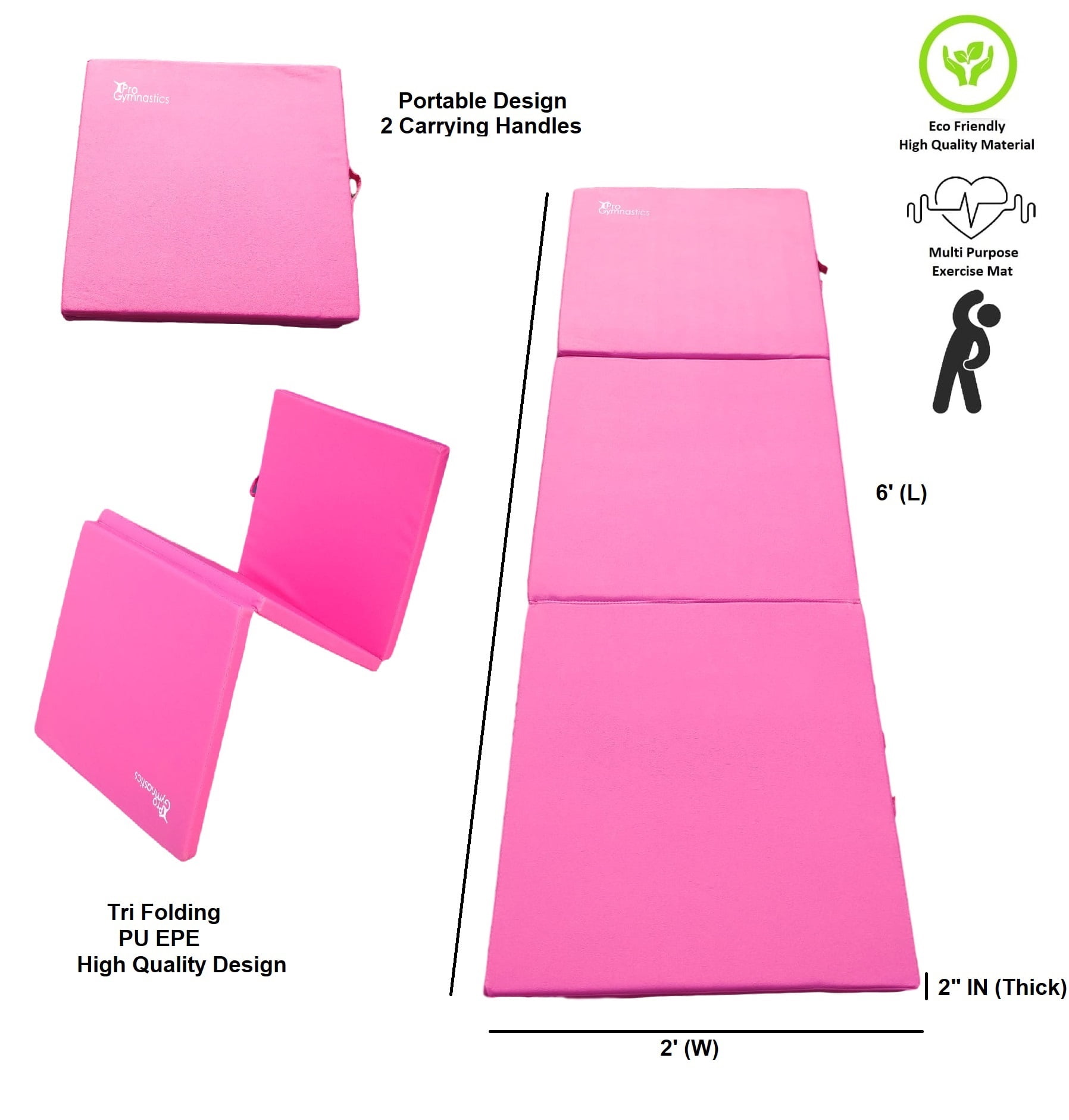 ProGymnastics Exercise Mat Gymnastics Mat 6' x 2' x 2", Tri Folding Gym