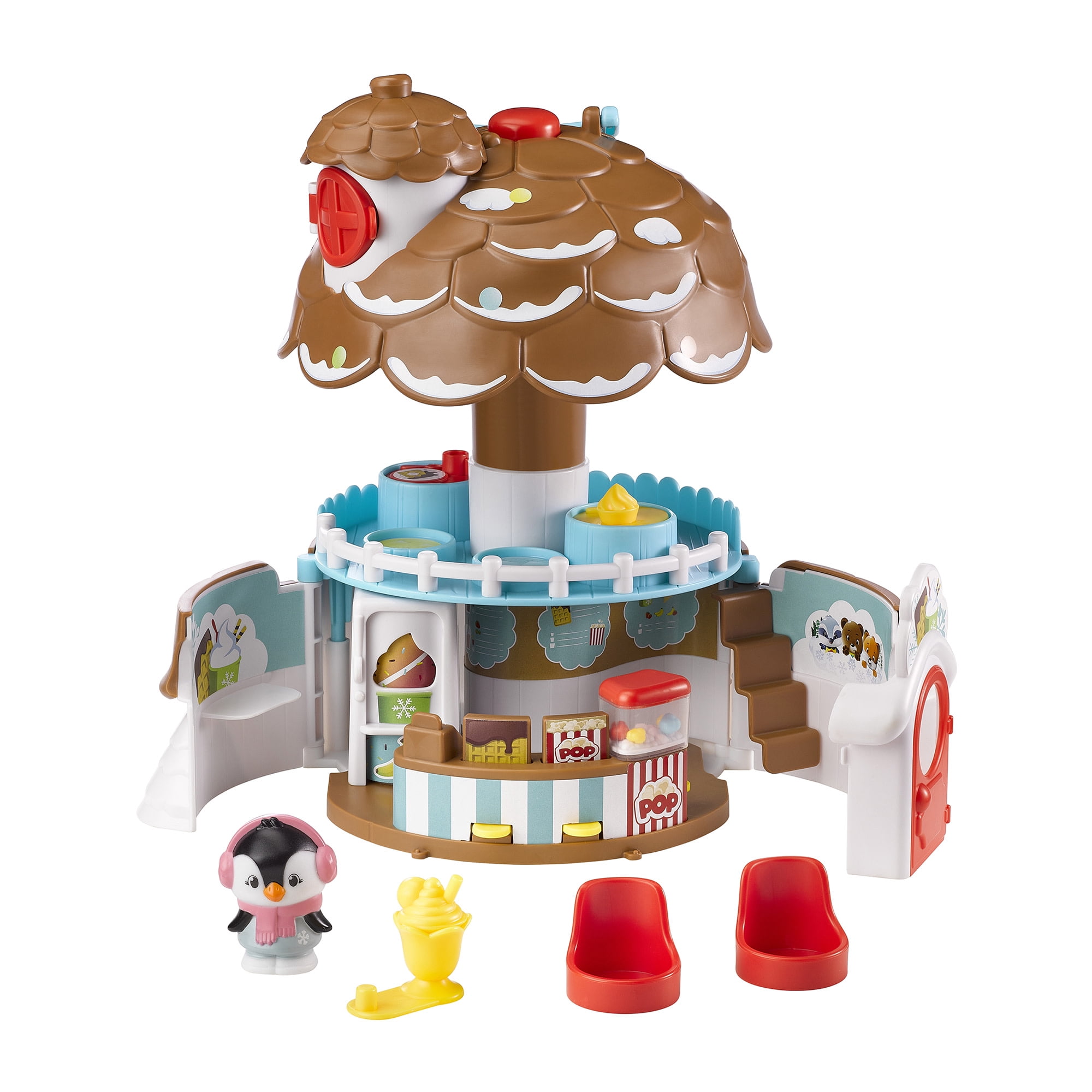 Timber Tots: The Pine Cone Snack Bar - 5pc Dessert Toy Playset, Penguin Animal Figurine, Open & Reveal Treats Shop, Pop-Up Feature, Kids-Toddler 18Mo+