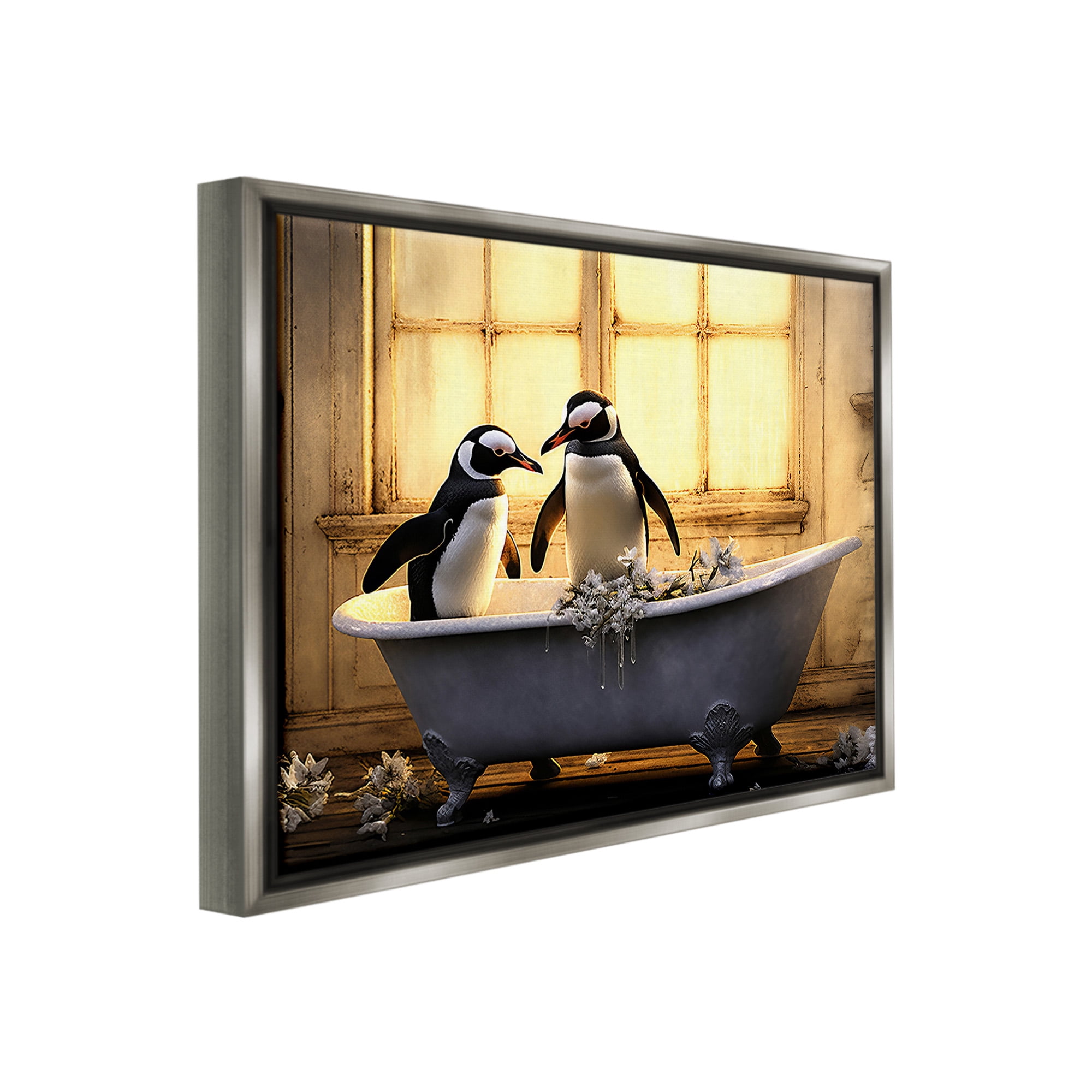 Stupell Industries Penguins in Sunlit Bath Animals & Insects Painting Gray Floater Framed Canvas Art Print Wall Art, 31 x 25