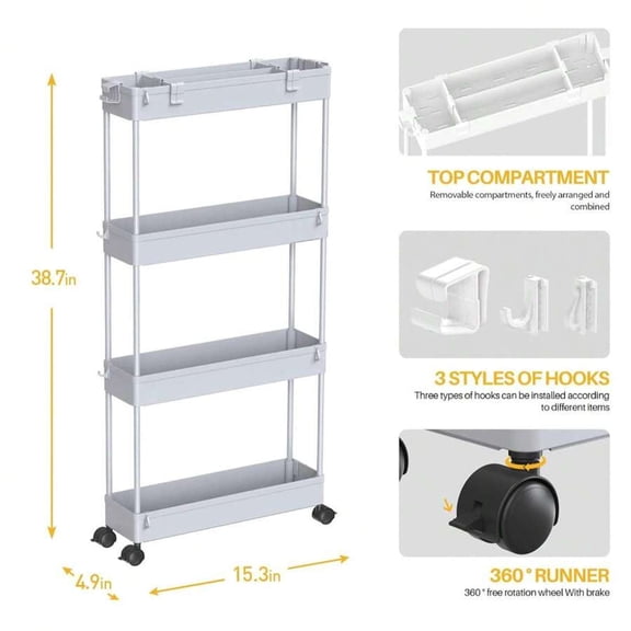 HRWGMUKVBG Light Grey 4-Tier Slim Rolling Storage Cart Storage Cart Organizer Rolling Utility Cart, Mobile Shelving Unit Slide Out Storage Shelves For Kitchen Living Room & Dressers Outdoor Decor