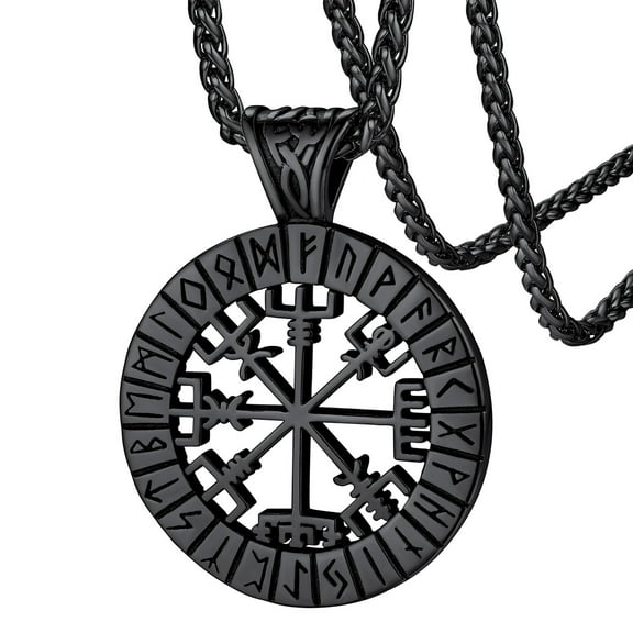 FaithHeart Norse Viking Compass Neckalce for Men Vegvisir Pendant Black Stainless Steel Vintage Nordic Scandinavian Talisman Jewelry Gift for Dad Son Father's Day Birthday Gift