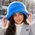 thumbnail image 3 of Bexdxz Long Pile Faux Fur Bucket Hat, Soft Fuzzy Fluffy Wide Brim Winter Fisherman Cap, Warm Outdoor Cold Weather Hat for Women Royal Blue, 3 of 5