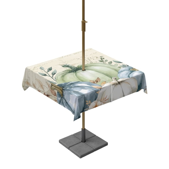 Outdoor Table Cloth with Umbrella Hole and Zipper, Blue Pumpkin Fall Waterproof Square Tablecloth 54"x54", Green Thanksgiving Leaves Pastoral Washable Table Cover for Outside Party Patio Picnic