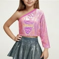 thumbnail image 2 of AUNVITO Kids Girls One Shoulder Long Sleeve Dance Crop Top Shiny Sparkly Hip Hop Streetwear Cropped T-Shirts Dancewear, 2 of 4