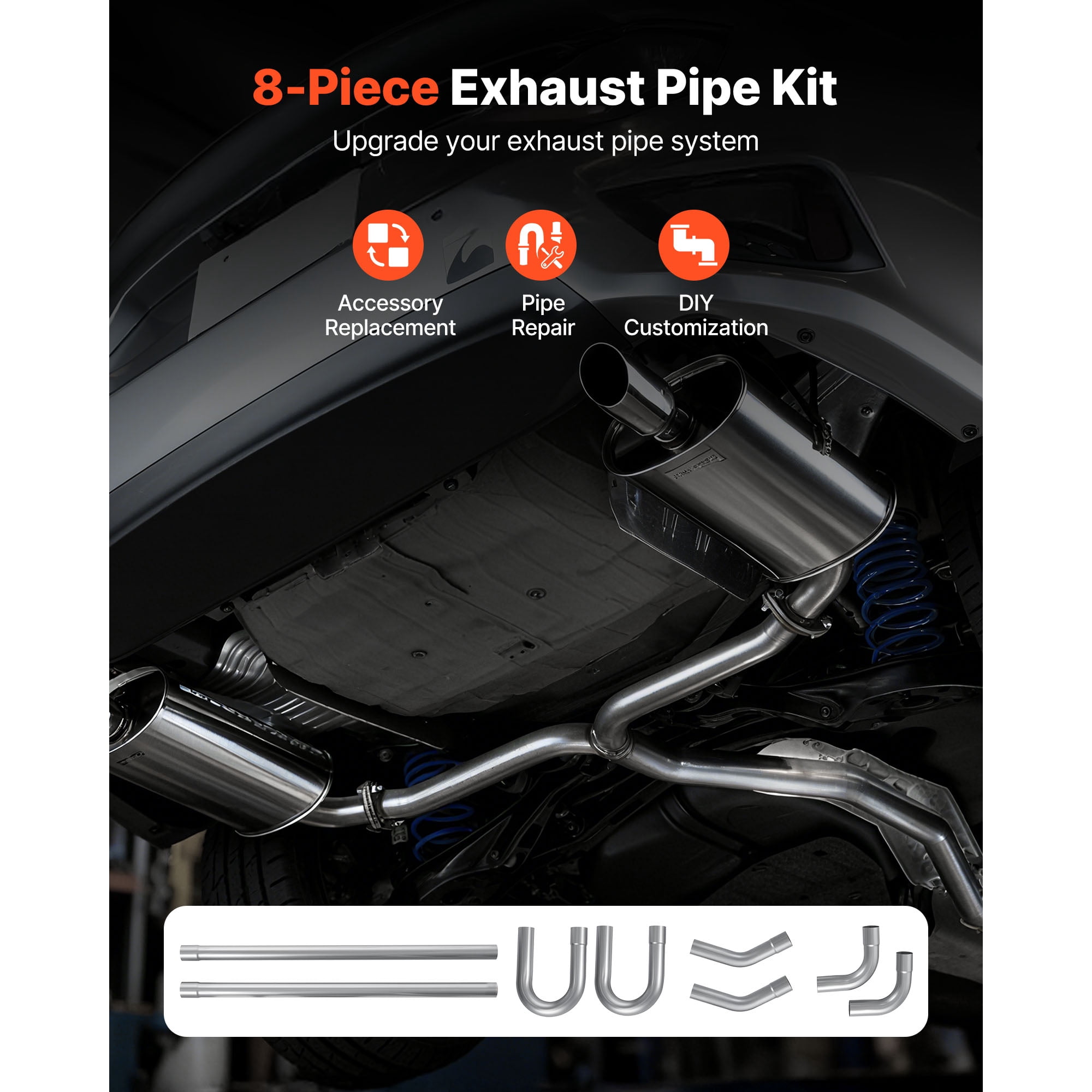 KFFKFF Exhaust Pipe Kit, 8 Pieces 2.25 Inch Mild Steel DIY Custom Tubing with Straight & U-Bend Pipes, 90 & 135 Degree Angles, Galvanized Finish, Compatible with Trucks, Sedans, Sports Cars, SUVs