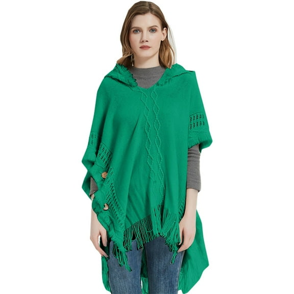 Ediodpoh Womens Fashion Fringe Bat Sleeve Sweater Pullover Striped Cape Hooded Sweater Shawl Top for Winter Green