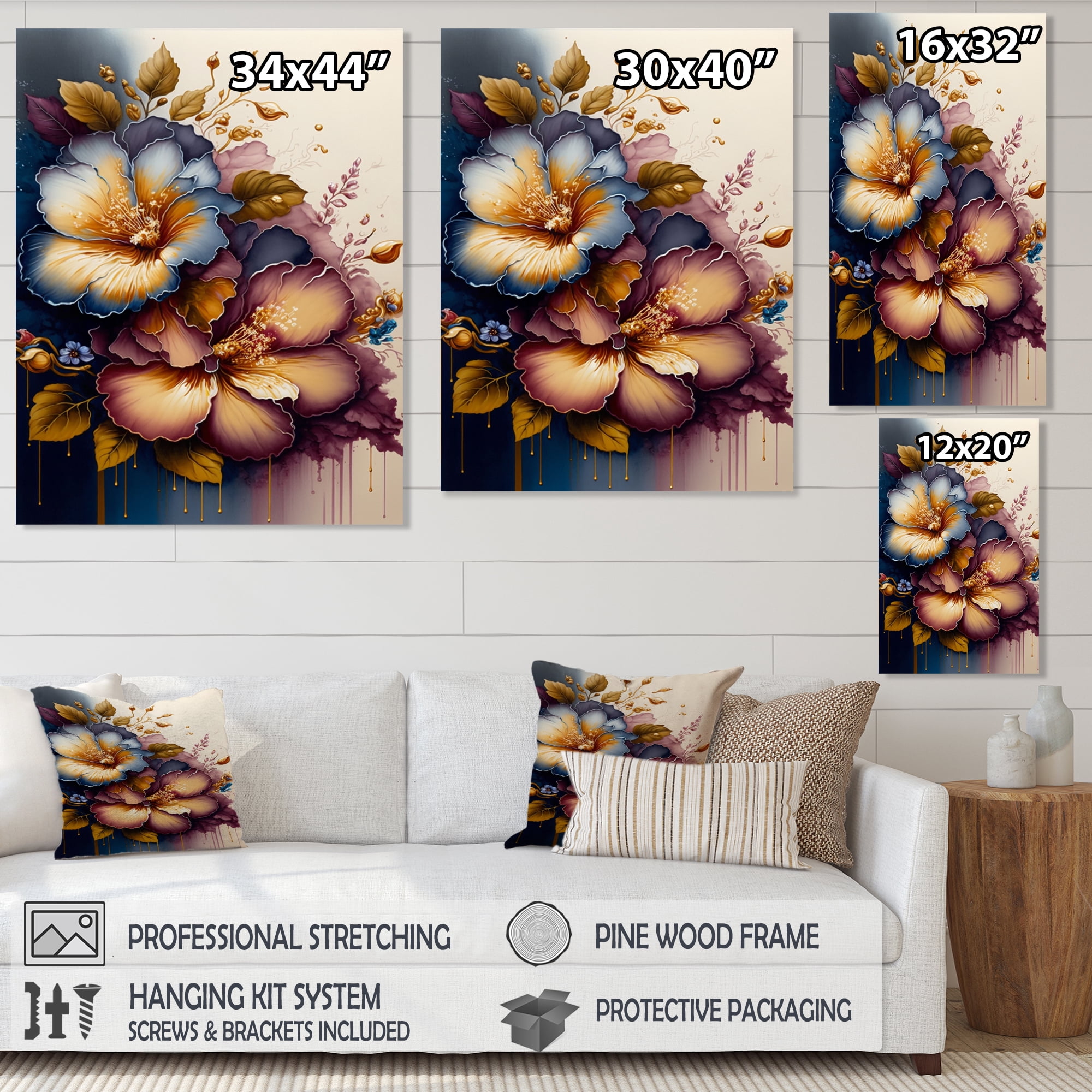 Designart Burgundy And Blue Hibiscus Bunch II Canvas Wall Art