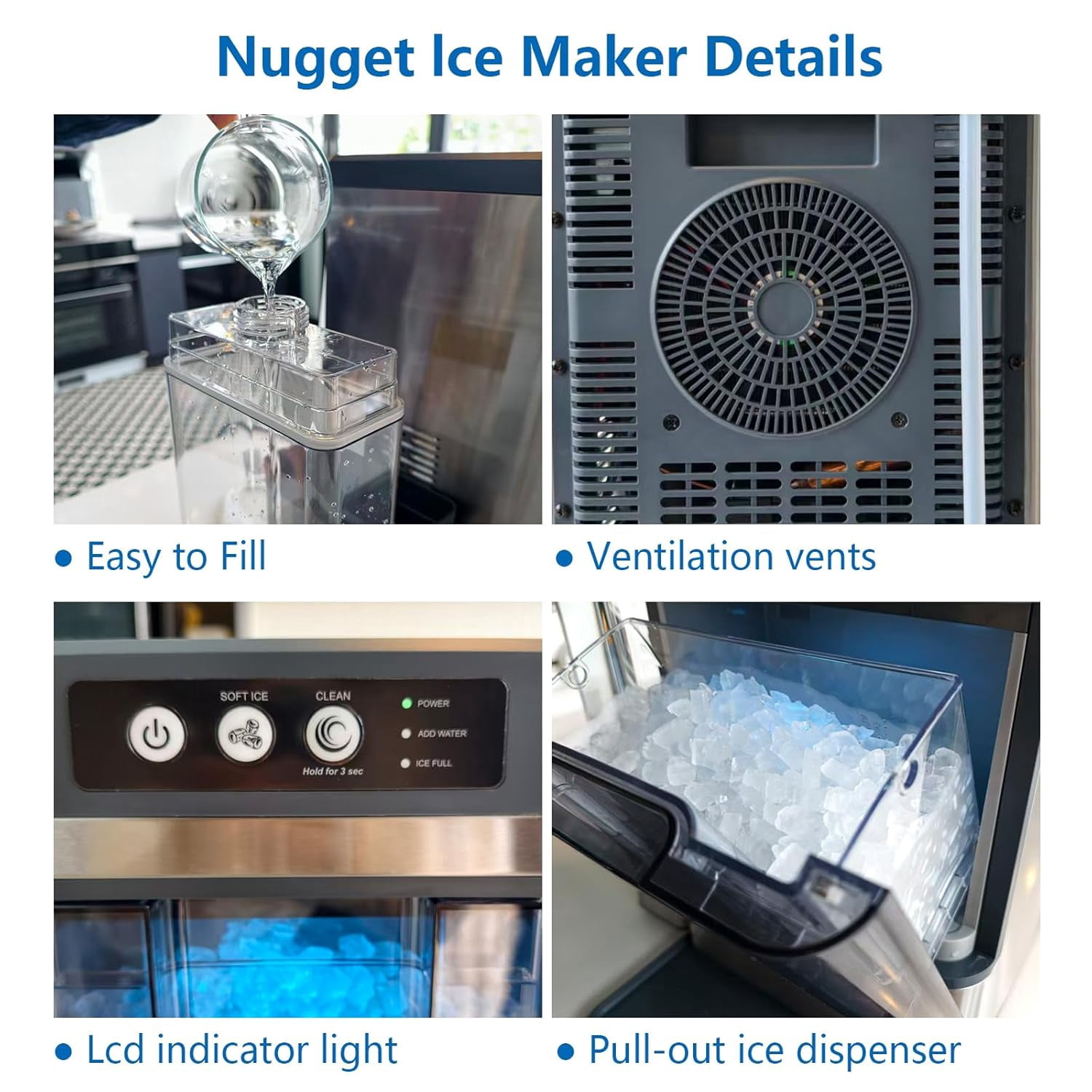 Nugget Ice Makers Countertop 42lbs/Day Large Capacity One-Click Operation Self-Cleaning Portable Ice Maker with A Detachable 3L Water Tank Scoop Included Ice Machine for Home/Kitchen/Office