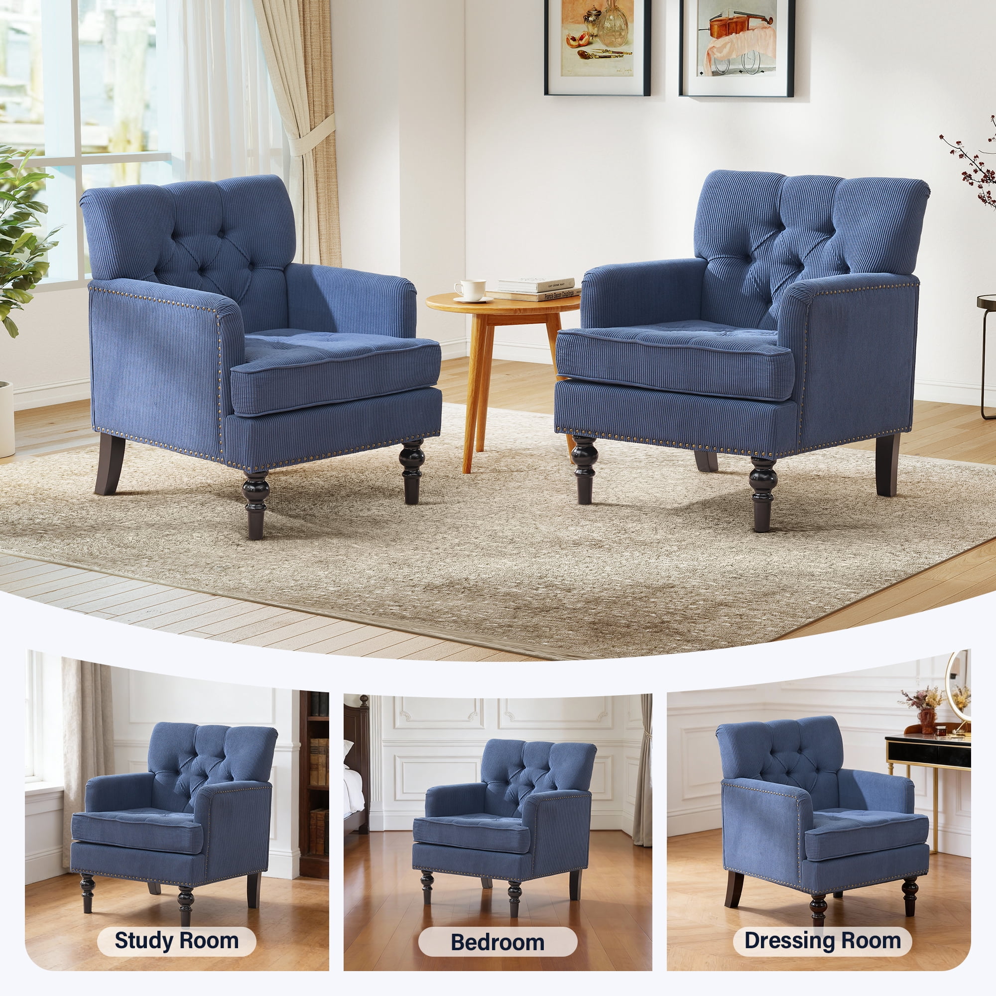 Aukfa Mid-Century Modern Tufted Accent Armchair, Upholstered Corduroy Chair for Living Room/Bedroom, Navy Blue