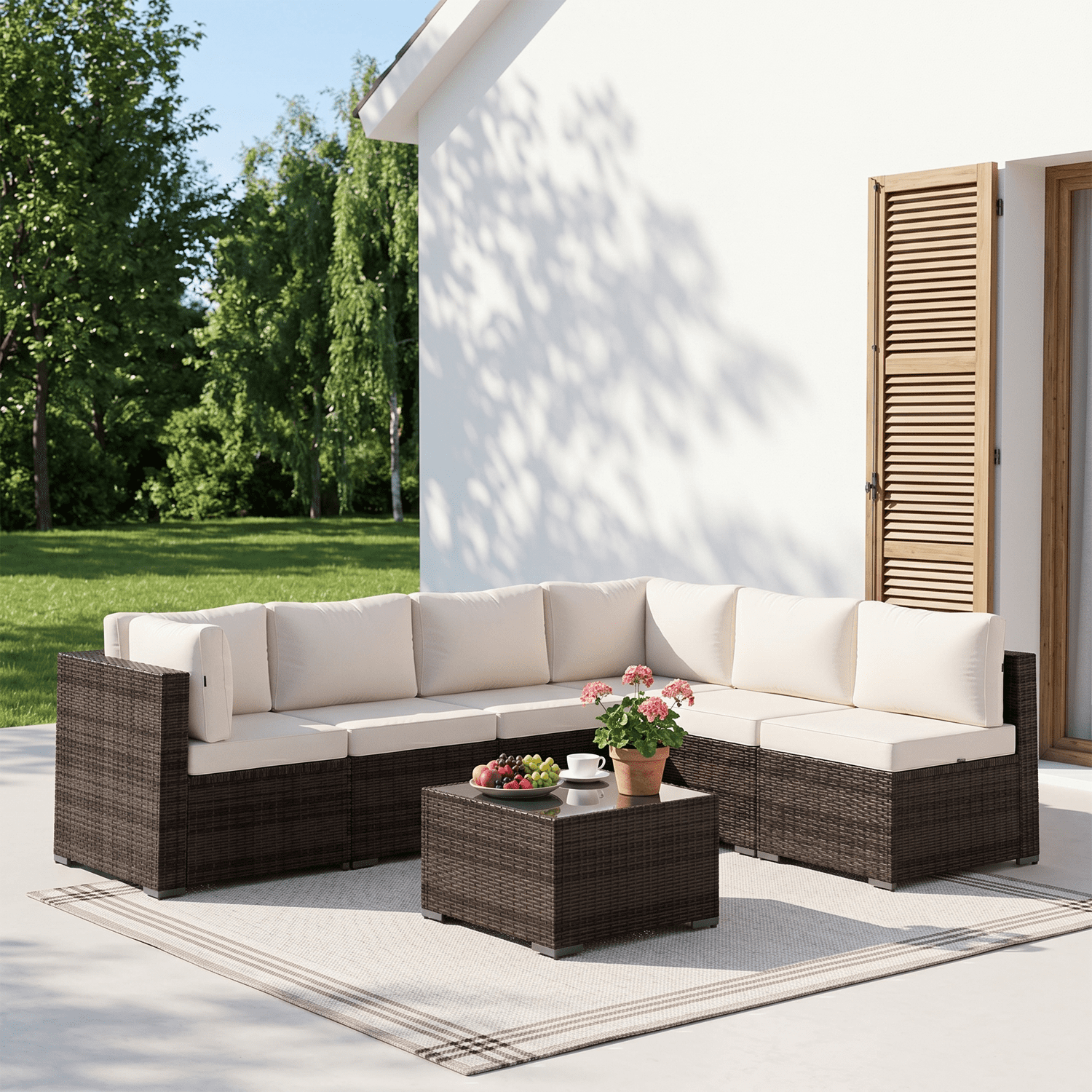 Clouddwell 7 Piece Outdoor Patio Furniture Set, Wicker Rattan Patio Sectional Sofa Sets, Off White