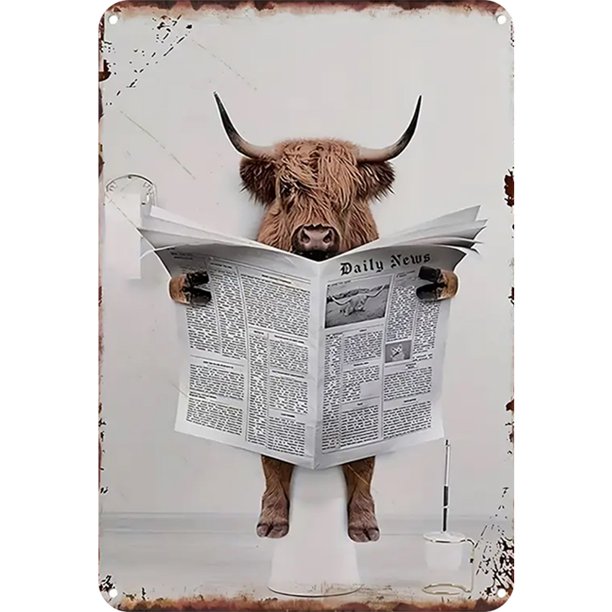 Placa Metal Vintage Vaca Leyendo Periódico Arte Pintura Hierro Rectangular 30x40cm