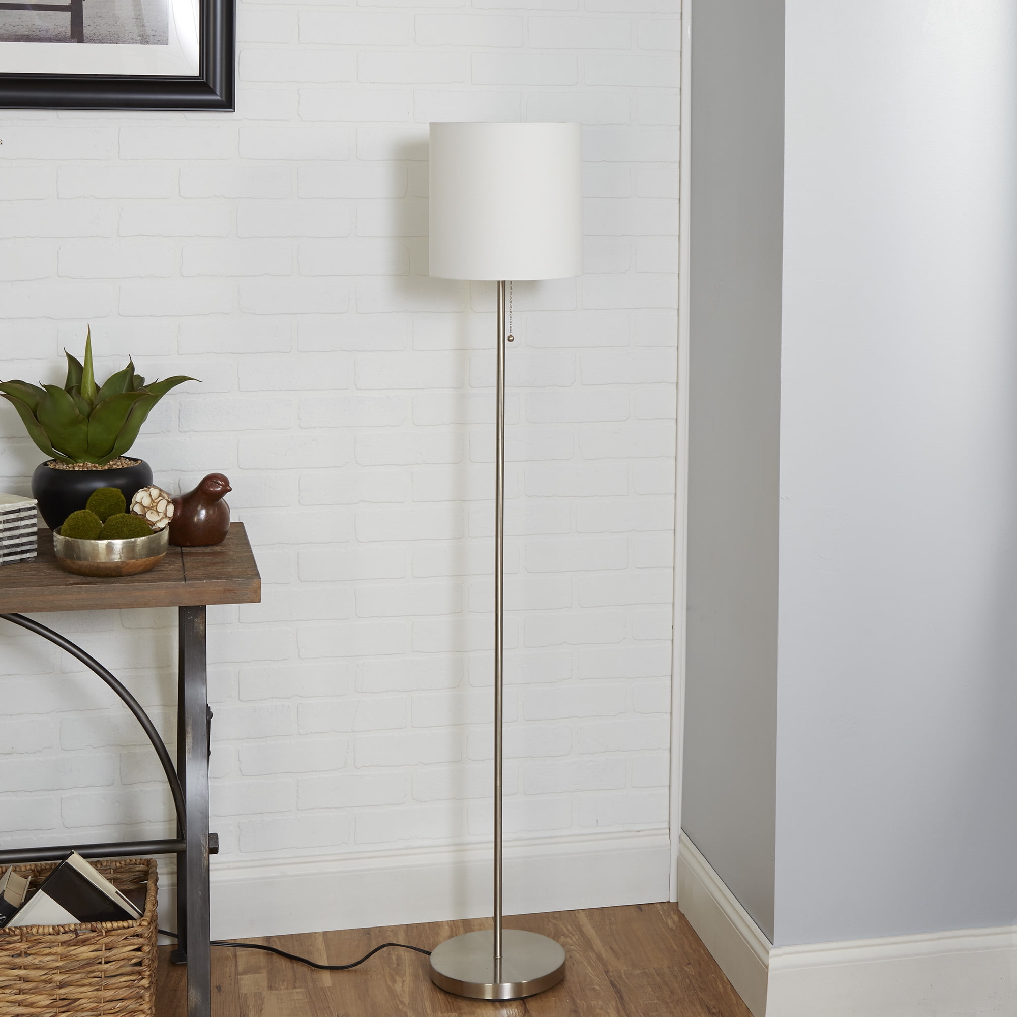 Mainstays Brushed Nickel Stick Floor Lamp With White Shade Com