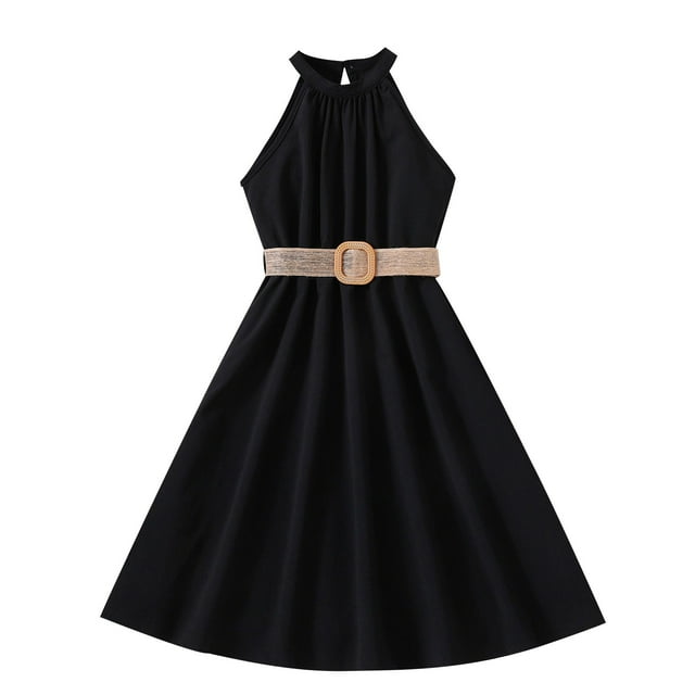 biudgviw Robe d'Été pour Filles Sans Manches à Col Licou, Épaules Dénudées, Ceinturée, Robe Trapèze Midi Décontractée, Robe Soleil 6-13 Ans