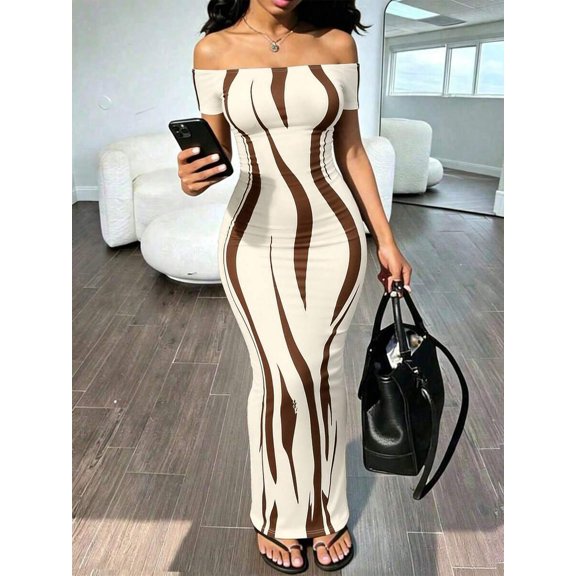 Womens Apricot Off-Shoulder Printed Bodycon Maxi Dress