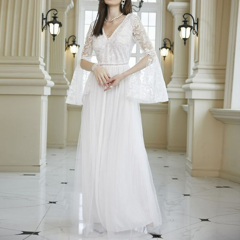 Hvot&aat Women's Lace Wedding Dress Split Bell Sleeves V-Neck Wedding Gown  Floral Appliques Bridal Dress Elegant Formal Prom Dress - Walmart.com
