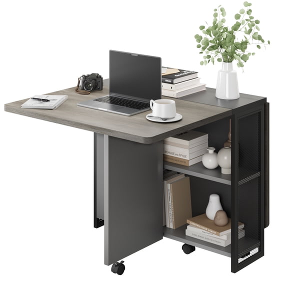 Space-Saving Drop Leaf Folding Dining Table, Expandable Rectangle Kitchen Table for Small Spaces, 2-Tier Storage Shelves, 6 Wheels, Rolling Collapsible Desk