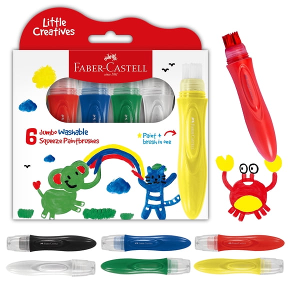 Faber-Castell Little Creatives - Jumbo Squeezing Paint Brushes Great for Back to School Art Supplies, 6 Colors, Washable Toddler Art Supplies, Kids Crafts Age 3 to 5