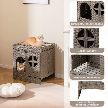 2-Tier Wicker Cat Condo with Litter Mat - Hidden Litter Box Enclosure, Detachable Washable Cushion, Gray Rattan