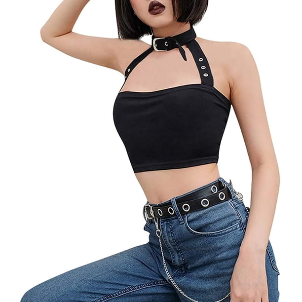 Playeras,Blusas y Tops,Ropa para Mujer Loose Tank Tops Para Las Mujeres Sexy Bandeau Crop Moda Hebilla Tops Mujeres Casual Cuello Blusa de mujer (Black, L)