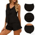 thumbnail image 5 of VONCOS Loungewear for Women 2 Piece Set Casual Cozy Sleeveless Tank & Shorts Pajamas Ruffles Loose Outfit Sets with Pockets,Black,Size M, 5 of 7