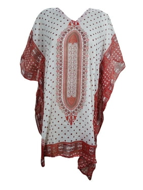 Mogul Boho Chic Lightweight Short Caftan Dress Red White Dashiki Print Kimono Sleeves Beach Cover Up Resort Wear ONE SIZE