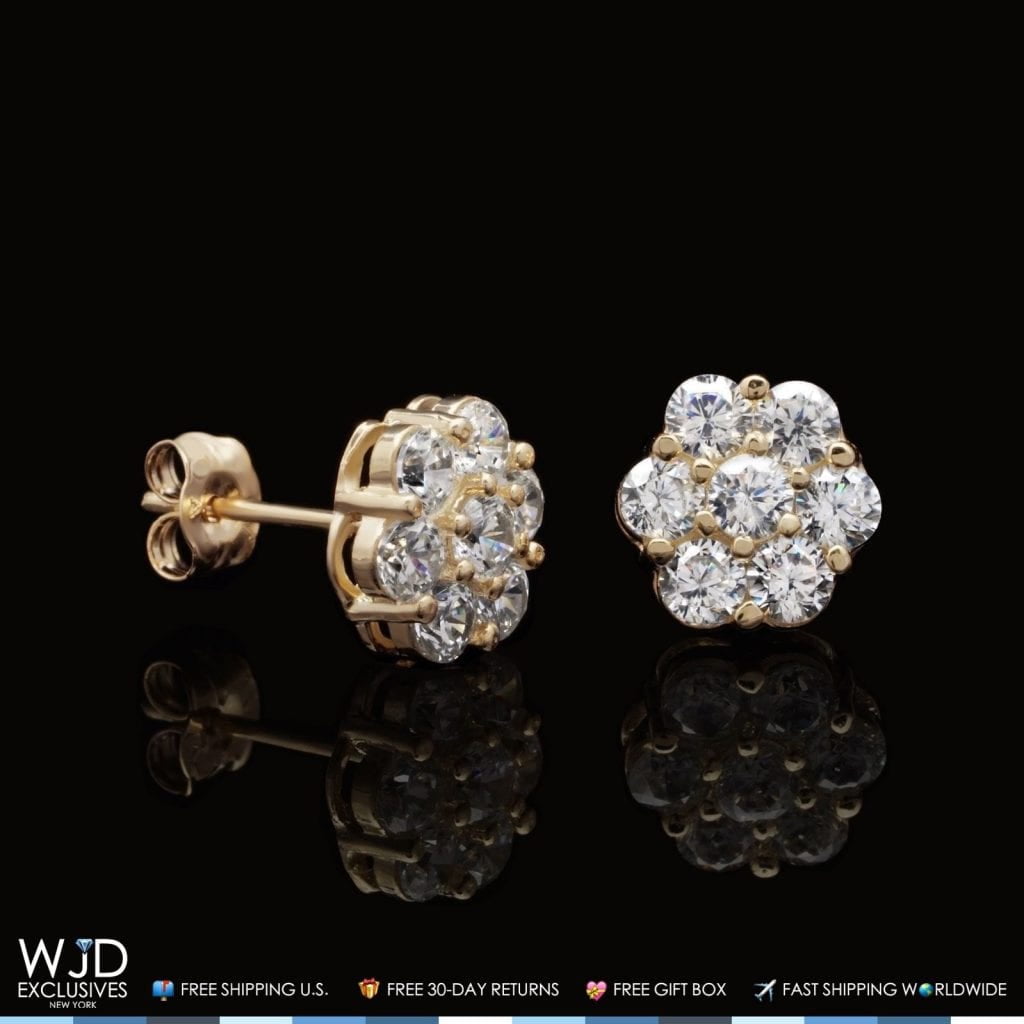 1Ct Simulated Round Diamond 14K Yellow Gold Flower Cluster Stud Earrings 7mm