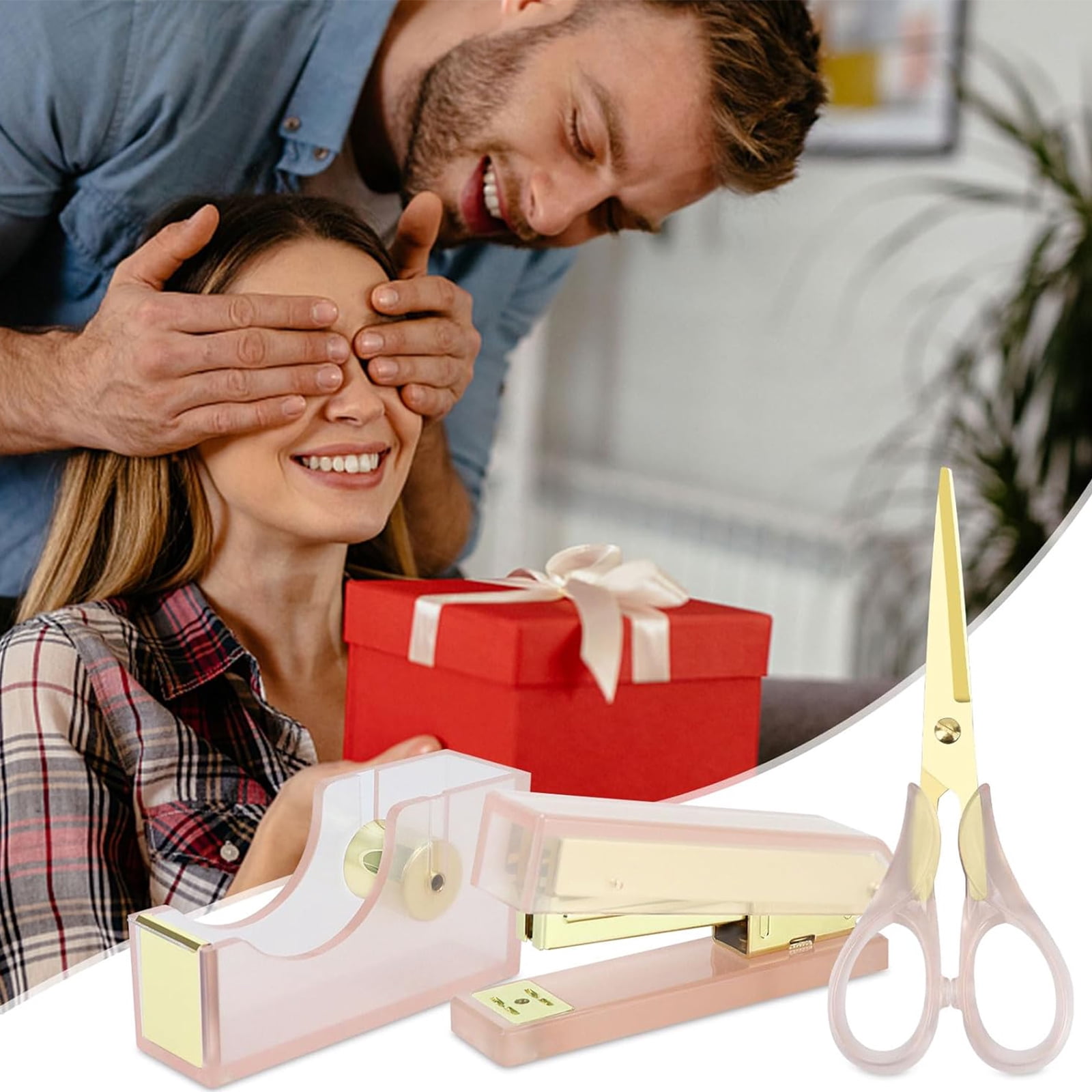 Multibey Luxury Acrylic & Rose Gold Desk Accessory Set - Heavy Duty Tape Dispenser, Stapler with 950 Staples, and Scissors - 3-Piece Modern Stationery Kit for Home Office