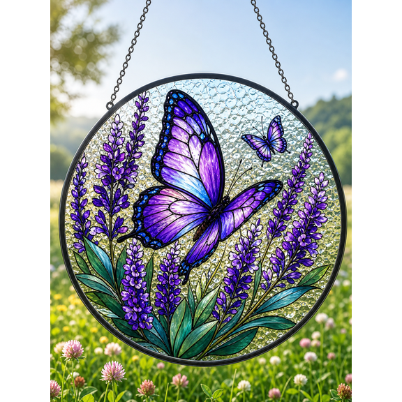 Butterfly Stained Glass Suncatcher Window Hanging with Purple Garden Flowers