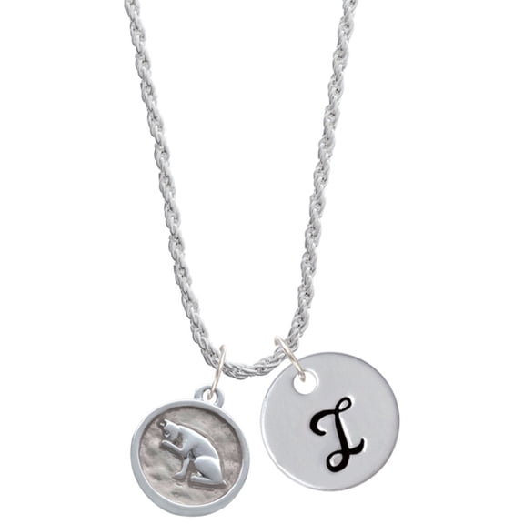 Delight Jewelry Silvertone Sitting Cat - Round Seal Silvertone Script Initial Disc - I - Charm Necklace, 20" 3"