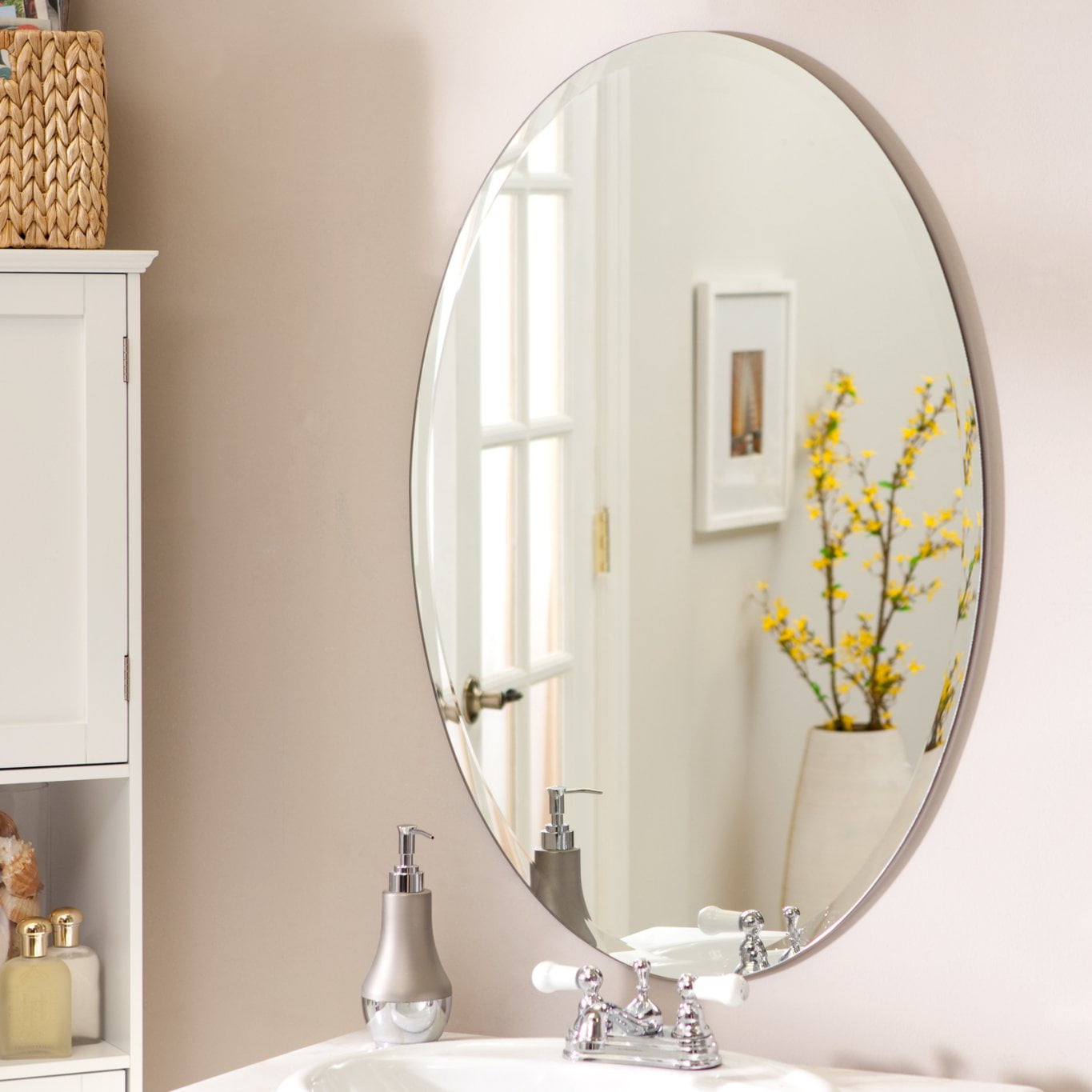 Decor Wonderland Jaxon 23.6" x 31.5" Oval Frameless Bathroom Vanity Mirror  with Bevel Hangs Horizontally or Vertically