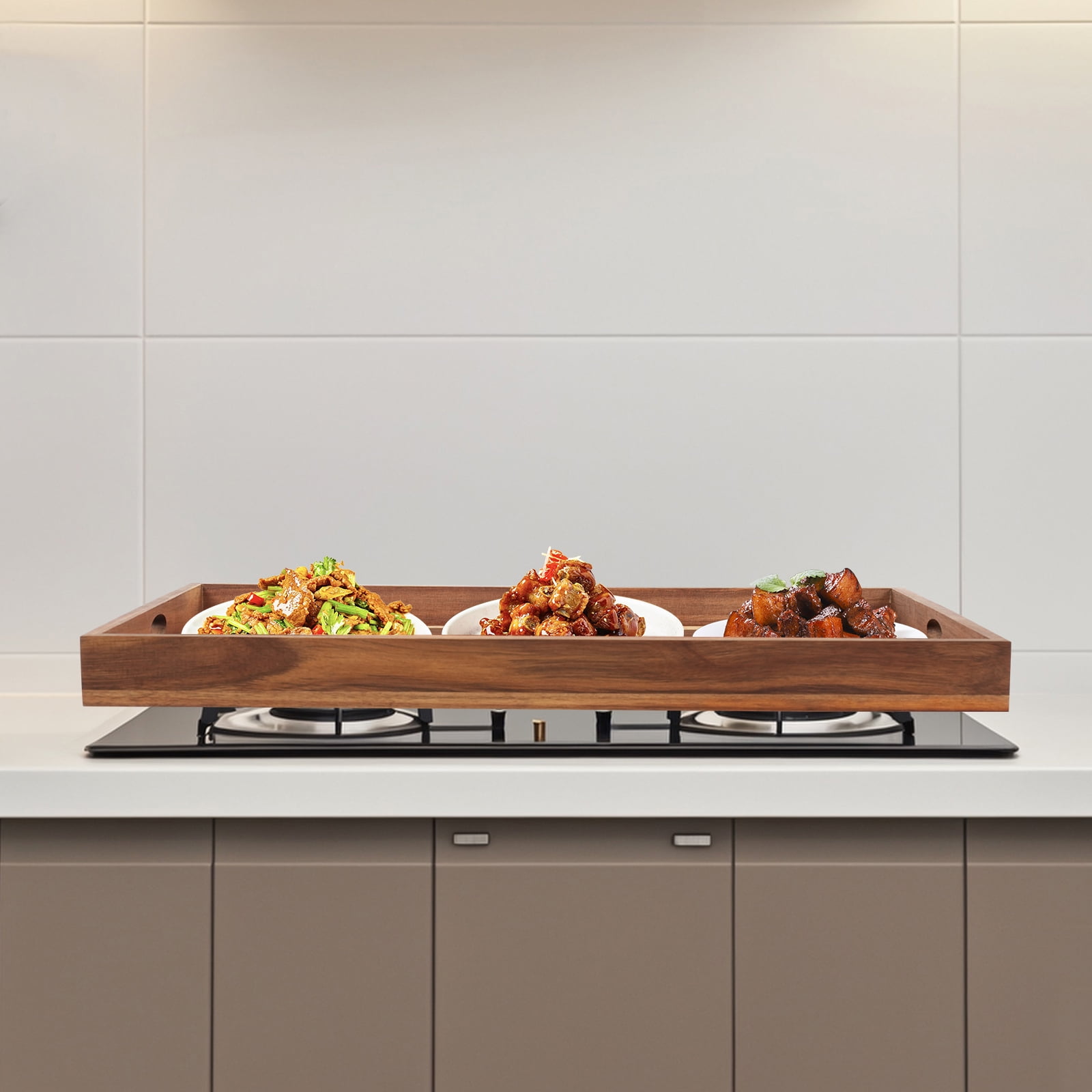 Acacia Wood Stove Cover 30×22×2.5in, Multi-Use Cutting Board Charcuterie Serving Tray, Durable Polished Stove Top Cover for Kitchen Restaurant