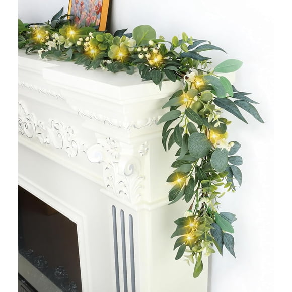 Guirlande d'Eucalyptus Artificiel de 6 Pi avec Lumières DEL, Verdure de Printemps Été, Décor de Mariage Intérieur Extérieur