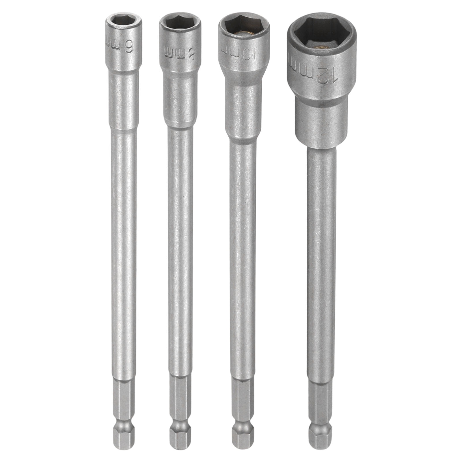 Uxcell 4pcs Nut Driver Drill Bit 6-12mm Metric Impact Socket 1/4" Hex Shank 6" (150mm) Extra Long Magnetic 6-Point Sockets Quick-Change CR-V Steel Bolt Setter for Power Drill Drivers