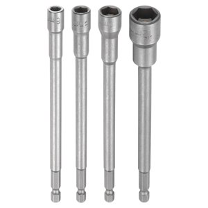 Uxcell 4pcs Nut Driver Drill Bit 6-12mm Metric Impact Socket 1/4" Hex Shank 6" (150mm) Extra Long Magnetic 6-Point Sockets Quick-Change CR-V Steel Bolt Setter for Power Drill Drivers
