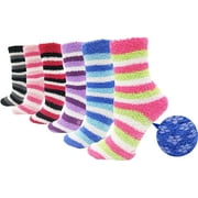 Fuzzy Socks Non Skid, 6 Pairs for Women, Warm, Soft Furry Microfiber, Comfortable, Cozy, Bulk Pack (Striped)