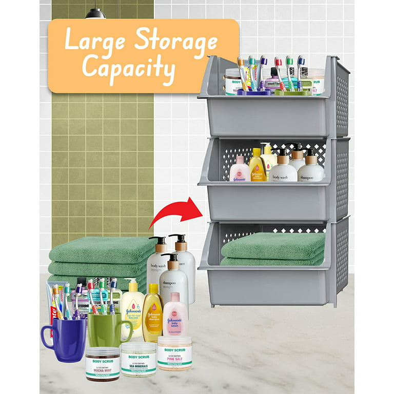 Eagrye Plastic Stackable Storage Bins, Multi-functional Stacking Basket,  Grey, Pack of 3