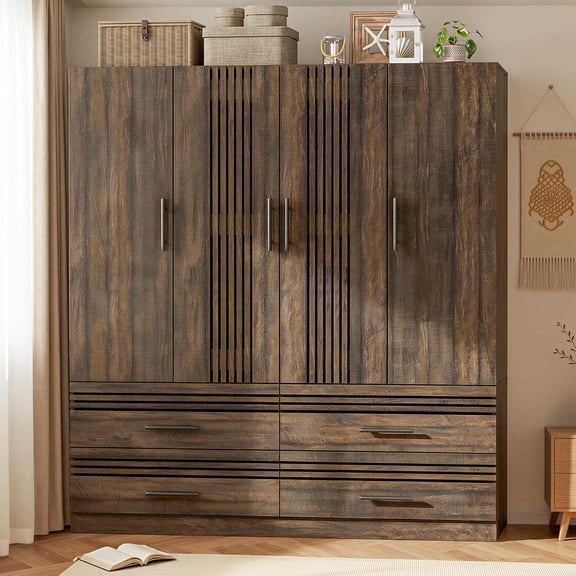 PakaLife 71" H Farmhouse with Openwork Door&4 Doors, Bedroom Armoire Cabinet with Hanging Rod, Drawers, Hanging Rod and Shelves, , Wooden Wardrobe Cabinet for Bedroom, Brown