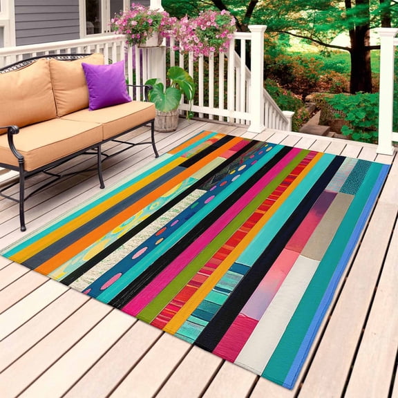 Colorful Striped Outdoor Rug for Patio/Deck/Porch, Non-Slip Large Area Rug 3 x 5 Ft, Modern Abstract Art Retro Indoor Outdoor Rugs Washable Area Rugs, Reversible Camping Rug Carpet Runner